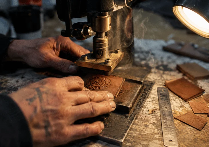 Factory floor embossing a premium leather patch logo